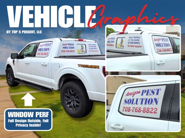 Custom vehicle window graphics and perforated window vinyl in Joliet Illinois