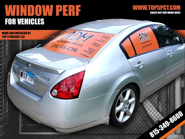 Custom vehicle window perf graphics and see-through vinyl in Joliet and Orland Park IL