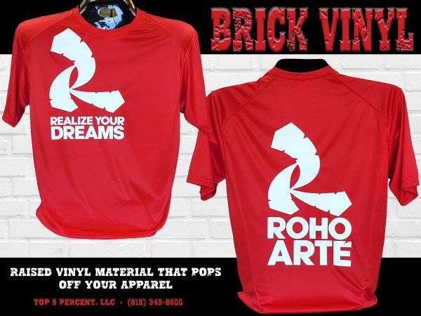Custom brick vinyl shirts with 3D dimensional texture made by Top 5 Percent in Joliet Illinois