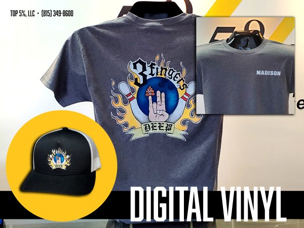 Custom digital vinyl bowling shirts with full color artwork in Joliet Illinois