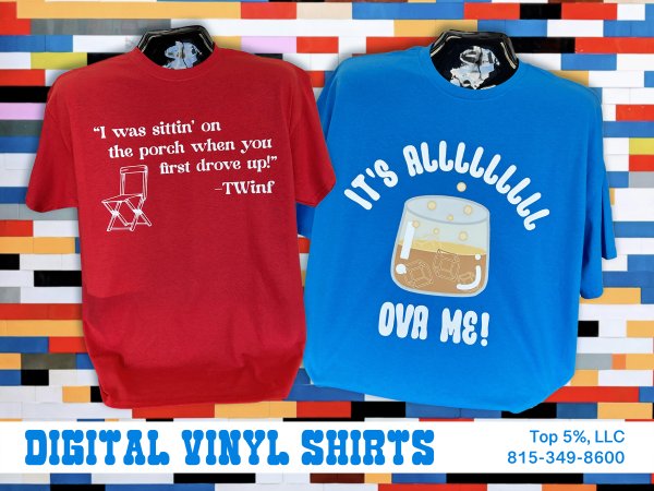 Custom printed digital vinyl shirts with full color designs in Joliet Illinois