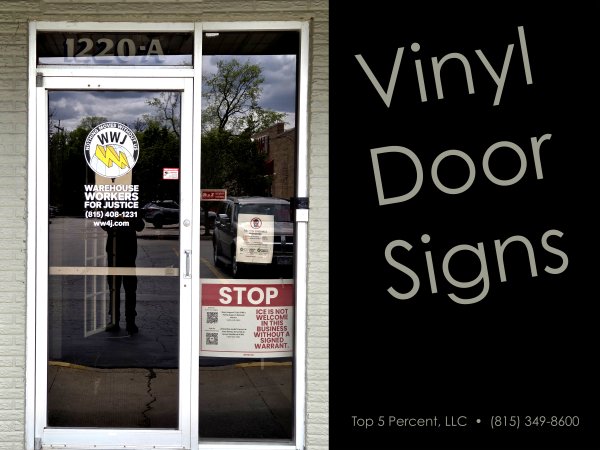 Custom vinyl door signs with hours and logo for businesses in Joliet and Bolingbrook IL
