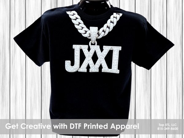 Custom DTF transfers applied to shirts and apparel in Joliet Illinois