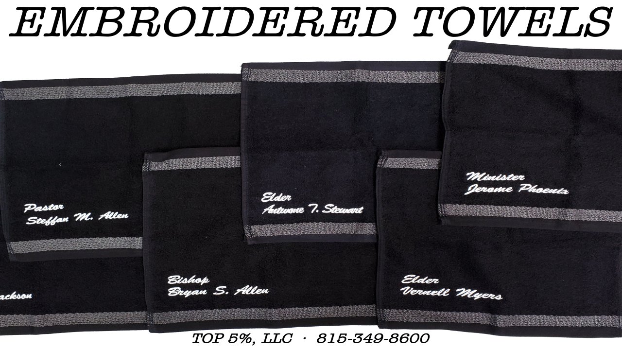 Custom embroidered towels and branded textiles from Top 5 Percent in Joliet Illinois