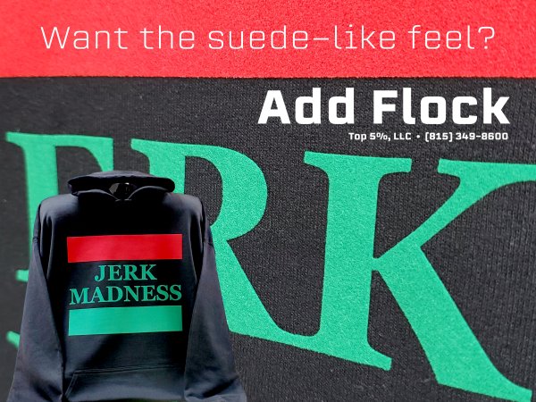 Custom flock t-shirt printing with raised velvet texture in Joliet Illinois