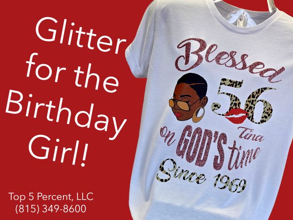 Custom glitter birthday shirts printed in Joliet Illinois