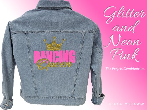 Custom glitter blue jean jacket printed in Joliet Illinois