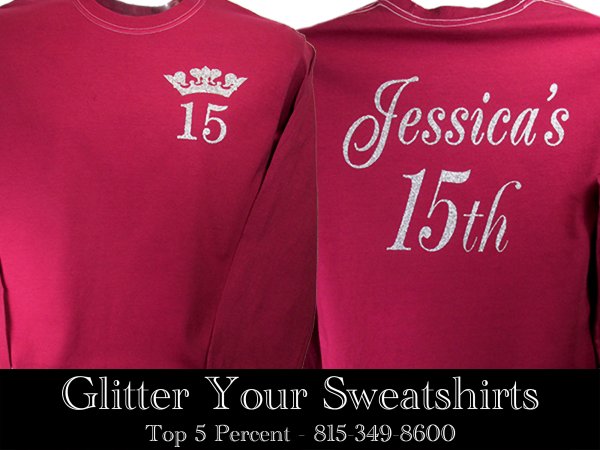 Custom glitter sweatshirts printed in Rockdale and Joliet Illinois