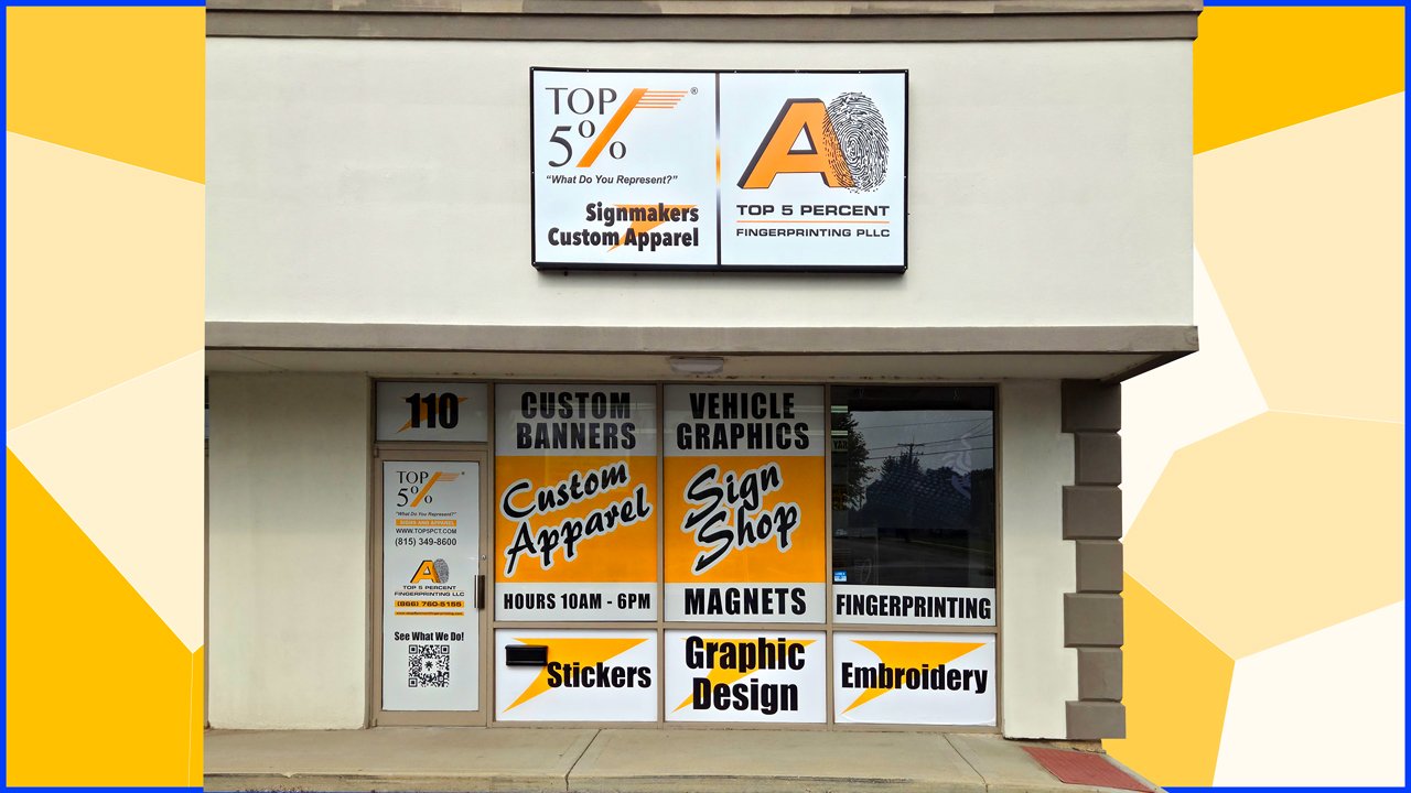 Custom signs and apparel on display at Top 5 Percent in Joliet Illinois, serving businesses and communities throughout Chicagoland