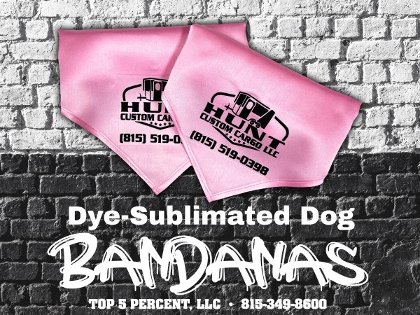 Custom sublimated dog bandanas and pet accessories in Joliet Illinois