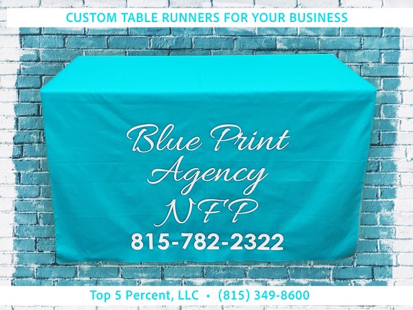 Custom printed table runners for branded events in Joliet and New Lenox IL