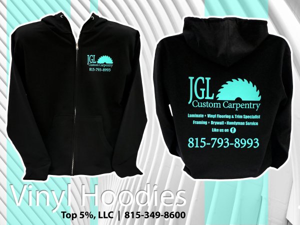 Custom vinyl hoodies and sweatshirts pressed in Joliet and Shorewood Illinois
