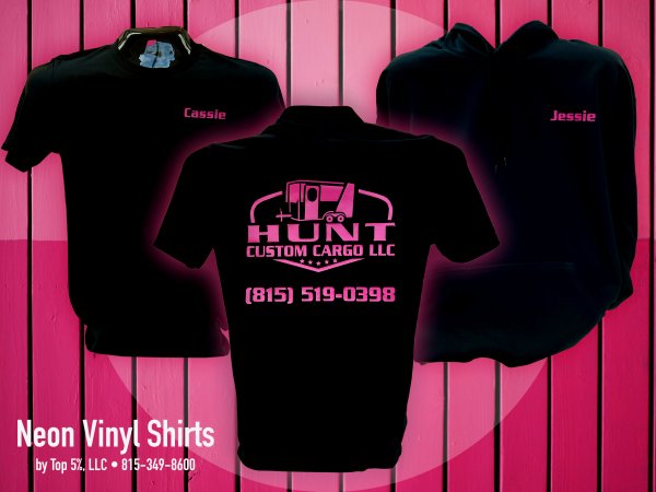 Neon vinyl shirts with bold heat press designs in Joliet Illinois