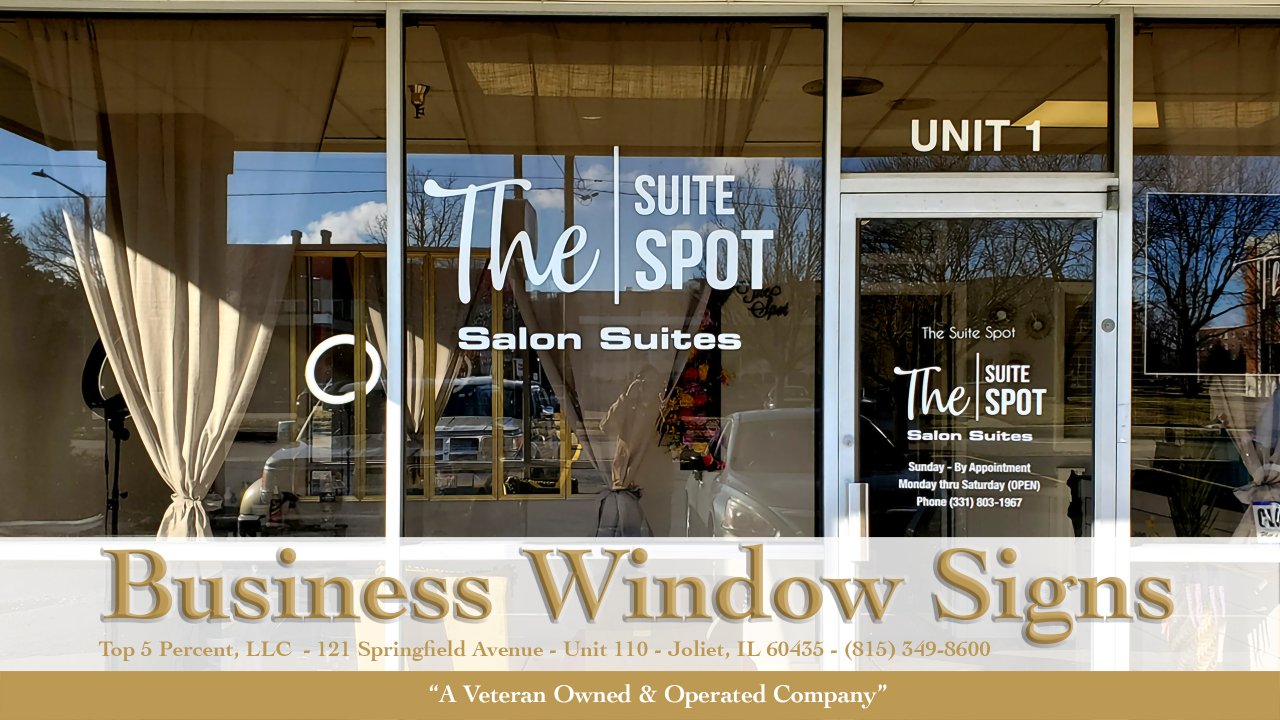 Custom window signs for businesses in Joliet and Frankfort IL, perforated and vinyl window graphics